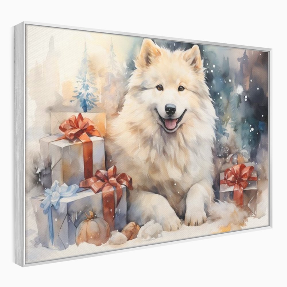 Tablou canvas cu tablou cu caine samoyed si cadouri de craciun, in rama de aluminiu argintiu